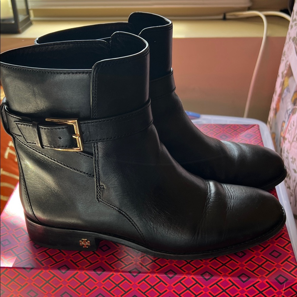 Tory Burch Brooke Black Leather Ankle Booties with Gold Buckle